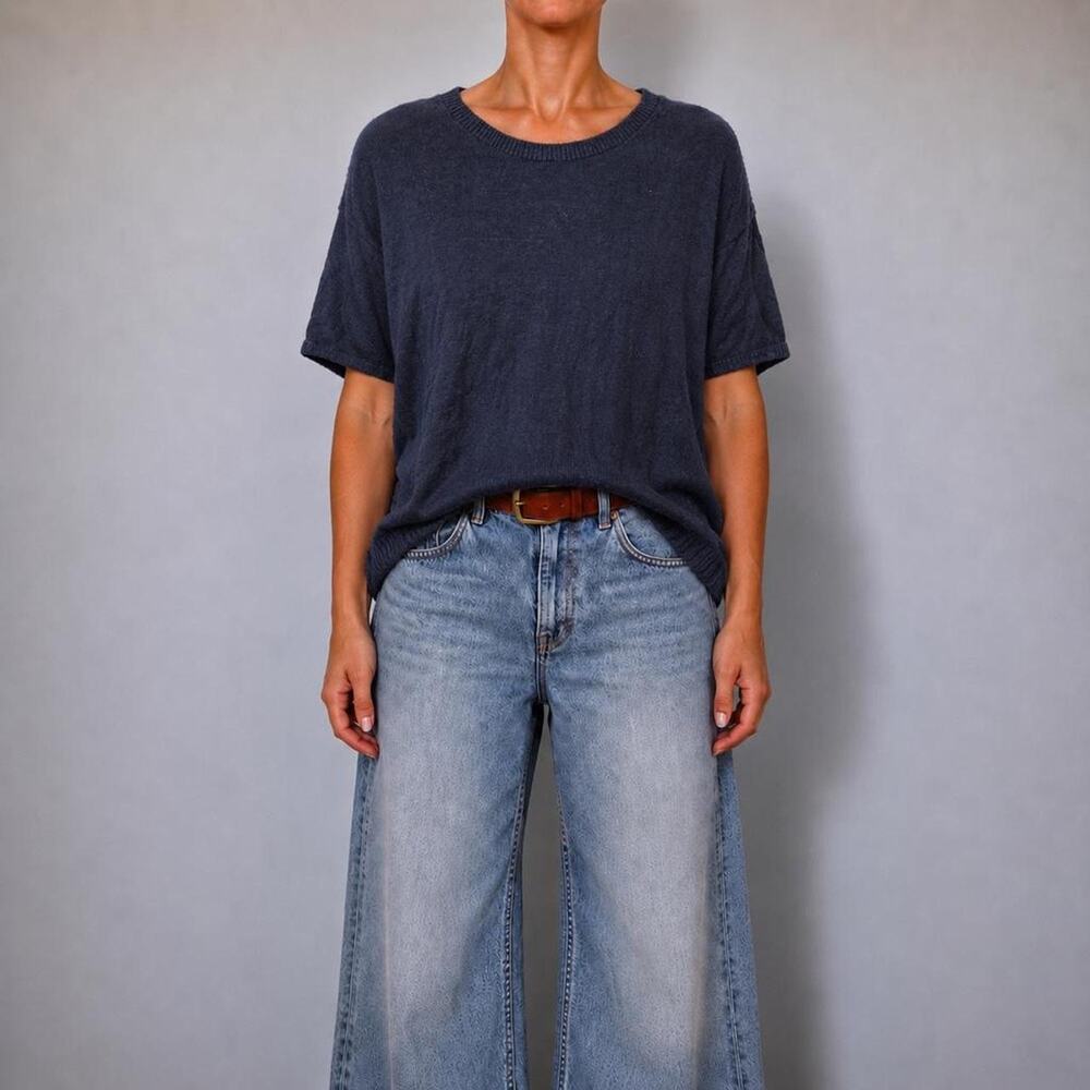 Vintage Banana Republic Linen Navy Oversized Short Sleeve Knit Top Size S/M